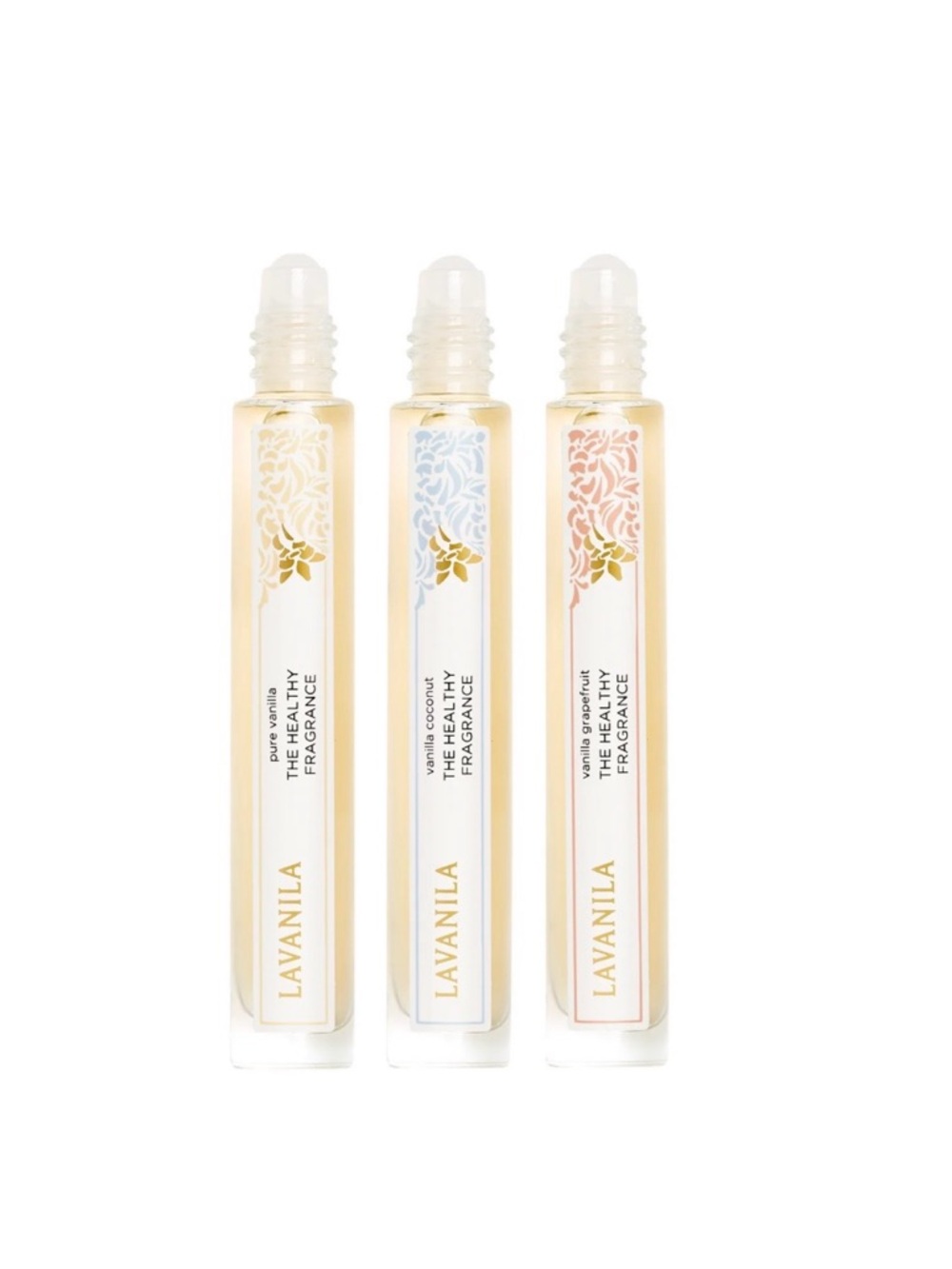 Lavanila roller-ball fragrance. Vanilla Rollerball Trio - Clear/Gold/Peach